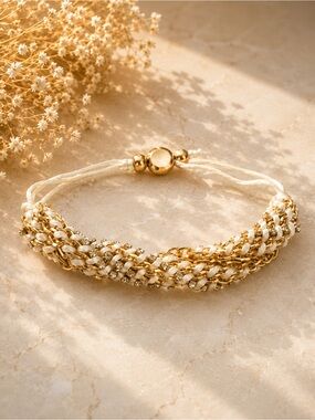 Gold and Cream Braided Chain Adjustable Bracelet